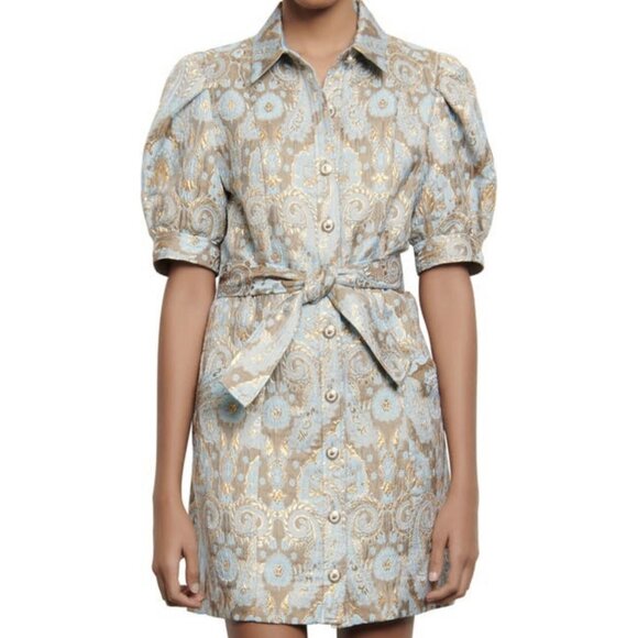 Sandro GOLD/BLUE Women's Orlan Metallic Jacquard Dress, US 40 - Picture 1 of 12